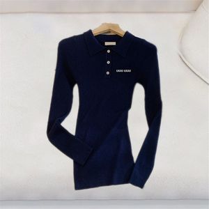 Maglione da donna con lettere Top Camicia elegante a maniche lunghe Camicetta lavorata a maglia blu scuro primaverile