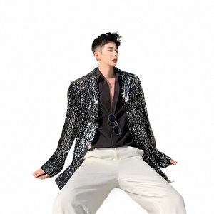 tide Men Fi Sequin Blazer Glitter Black Sequins Casual Loose Coat Evening Party Nightclub Male Singer Performance Overcoat y5mk#