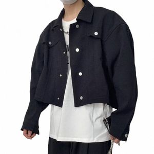 trendy Fiable Casual Short Jacket for Men Vintage Lapel Outwear Korean Crop Coats All-match Male Lg Sleeve Streetwear O0W8#