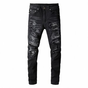 herrbandanna paisley tryckt lapptäcke stretch jeans streetwear svart denim blyertsbyxor smala mager rippade byxor 08cf#