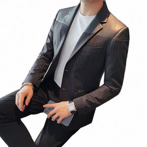 british Style PU Splicing Blazers Men Double-breasted Casual Suit Jacket Wedding Busin Social Coat Stage Banquet Tuxedo 81XX#