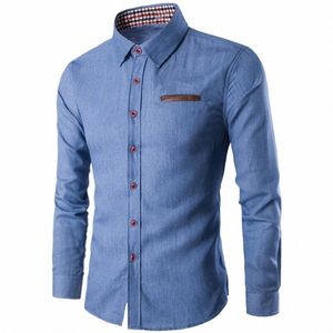 autumn Mens Pocket Panel Lg Sleeve Shirt Jean Versatile Slim Fit Shirt Dr Shirts Cott Linen Blouse Butt Down Casual Top p8Oh#