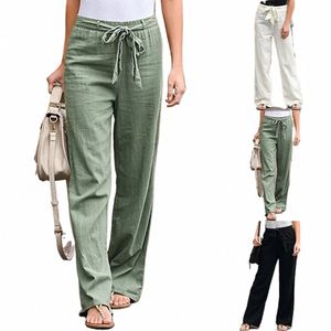 Calças femininas de linho cott 2023 verão fi cintura elástica solta calças retas femininas casual cor sólida tornozelo-comprimento calças 91n1 #