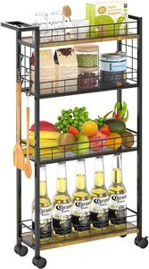 Kitchen Storage Slim Wheeled Cart 4-Tier Mobile Narrow Rack With Handles For Small Spaces Black And Rustic Brown