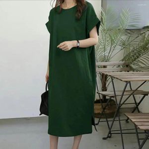 Abiti casual da donna eleganti midi estivi da donna taglie forti con orlo diviso lateralmente tessuto traspirante per abbigliamento da viaggio girocollo