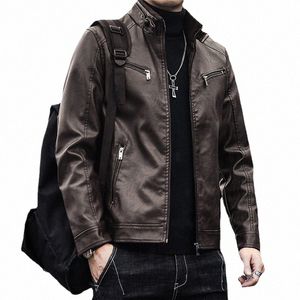 new Autumn Winter Men's PU Leather Jacket For Men's Fi Stand Up Collar Punk Motorcycle Leather Jacket x78F#