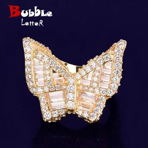 Bubble Letter Butterfly Rings for Women Iced Out Real Gold Plated Hip Hop Jewelry Trend 240323