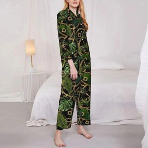 Startseite Bekleidung Barock-Druck-Pyjama Damen Tropische Palmblätter Kawaii Tägliche Nachtwäsche Frühling Zweiteiliger Vintage-Overall-Anzug nach Maß