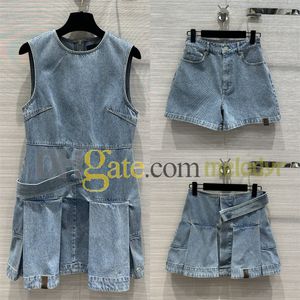 Women Denim Pleated Skirt Summer Sleeveless Vest Dress Designer Blue High Waist Jeans Shorts Ladies Denim A Line Skirts