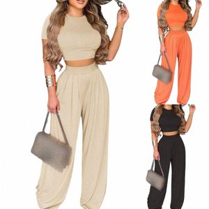 summer Elegant Women Two Piece Set Fi O-Neck Slim Tops And Wide Leg Pants Suits For Ladies Casual Floral Print Chic Outfits G0zW#