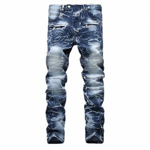 skinny Ripped Jeans Men Vintage Jeans Fold W Work Frayed Trousers Basic Denim Male Pants Thin Streetwear Casual Pants 2023 U83L#