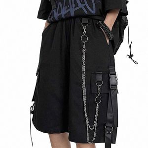 повседневные свободные шорты-карго женские Harajuku хип-хоп панк большие карманные широкие шорты Fi Chain с высокой талией бегуны короткие брюки B9gl #