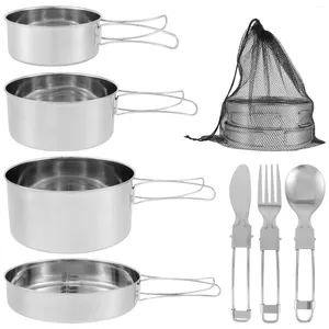 Set di pentole Set da campeggio 7 pezzi con pentole Kit da cucina per posate in acciaio inossidabile, taglierina per piatti, forchetta e cucchiaio