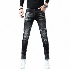 Calças rasgadas rasgadas Patch Man Cowboy Calças Slim Fit com Buracos Jeans Masculinos Tubo Apertado Skinny Quebrado 2024 Coreano Outono Goth Xs u6Xy #