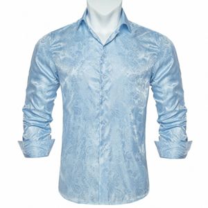 Luxury Blue Paisley Silk Shirts For Men LG Sleeve Dr Shirt Slim Fit Male Social Dr Shirts Designers Men Clothing R1W5#