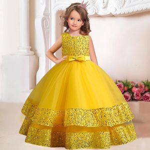 412 Years Old Children Dress Girls Princess Beaded Satin Bow Party Costume Elegant Highend Venue 240318