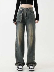 Jeans da donna Jeans da donna con design tascabile chic a gamba larga Jeans blu stile street americano Pantaloni larghi casual Pantaloni in denim dritti a vita alta 24328