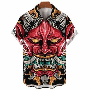 retro Men's Shirt Slim Fit Samurai Horror Shirts Japanese Print Camisa Masculina Oversized Casual Hawaiian Shirts And Blouses 80B1#