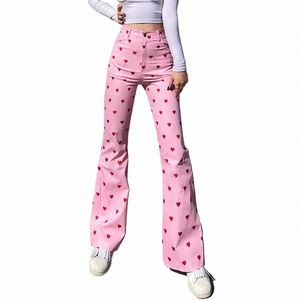 red Heart Print Pink Flare Jeans Y2K Pants Kawaii Sweet High Waist Slim Women Casaul Streetwear Denim Trousers Hipper Bottoms G1F2#