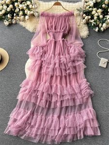 Singreiny High Street 패션 케이크 메쉬 파티 드레스 어깨에 딱딱한 탄성 선 드레스 폴카 도트 레이스 맥시 드레스 240320