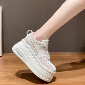 Casual Shoes Women Hidden Heels Sneakers 8CM High Platform Wedges Autumn Chunky Leather Spring Woman Lace Up Dad White