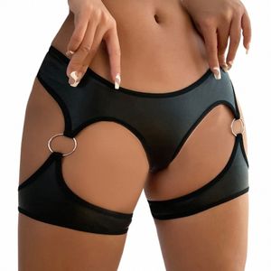 Frauen Leder Hohe Taille O Ring Strumpfband Booty Shorts Höschen Mit Cut Oberschenkel Ring Sexy Cut Out Backl Butt heben Thg Kurze C95A #