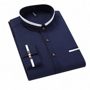 men Shirt Lg Sleeve Stand Oxford Busin Dr Casual Shirts Slim Fit Brand Weeding Shirt White Blue Man Shirt 5XL DS414 64sN#
