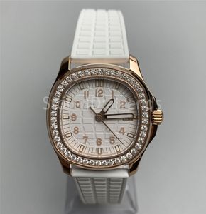 Top elegante relógio de quartzo feminino ouro prata dial strass moldura vidro safira 35.6mm design clássico relógio de pulso senhoras pulseira de borracha relógio pp74