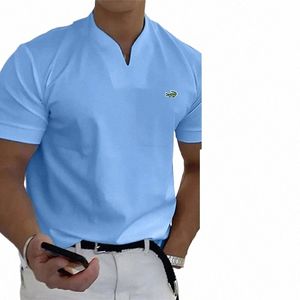 Bordado masculino com decote em v camisa polo de alta qualidade cott primavera / verão novo solto manga curta camiseta casual esportes respirável topo e1YM #