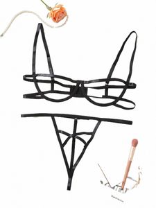 Conjunto de lingerie feminina com recortes exóticos e tiras - sutiã push-up transparente e calcinha Thg para um visual sexy e sedutor U7Ue #