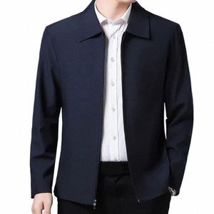 men Jacket Lapel Solid Color Mid-aged Elderly Men Lg Sleeve Zipper Closure Formal Busin Casual Spring Autumn Men Coat Y5n4#