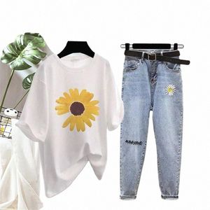 2022 Sommaren Nya eleganta kvinnors byxor Set Daisy Loose Short Sleeve T-shirt Vintage Jeans Tvådelar Set Female Trousers Tops K1RC#