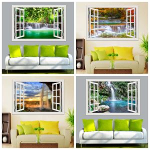Tillbehör Waterfall Forest 3D Window View Wall Sticker Vinyl Decal Wallpaper Nature Landscape For Living Room Home Decor Poster Picture