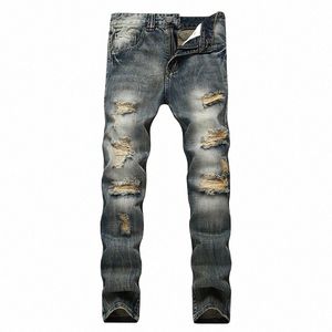 streetwear Mens Jeans Ripped Denim Pants Hole Ruined New Famous Brand Biker High Quality Straight Patch Jeans Plus Size W6Os#