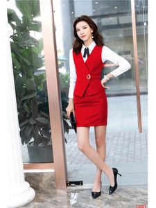 Рабочие платья, женские деловые костюмы, юбка и жилет, верхние комплекты, офисная униформа, формальный женский красный жилет