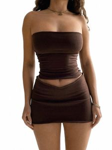 Hugcitar Solid ärm vikar Tube Crop Top kjolar 2 stycken Matchande Set Summer Fi Streetwear Beach Clothing Drop Ship M64J#