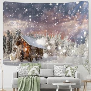 Tapestries Christmas Snow Scene Tapestry Wall Hanging Art Cartoon Illustration Bohemian Style Bed Curtain Dormitory Home Decor