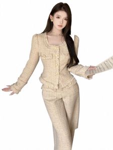 Nya lyxdesigner Wool Pants passar Two Piece Set Outfits Women Elegant Tweed Slim LG LG Trousers Short Coat Tops Lady Clothes 17ph#