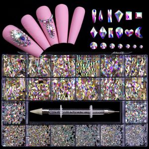 Equipamentos 700pc/caixa vermelha/ab cor strass de unhas +1pc de pontapagem caneta plana de cristal de forma multi -forma de decoração de vidro de decoração de vidro