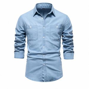 2023 New Autumn Men's Denim Shirt Cott Elastic Casual Social Design Double Pockets Slim Jeans Shirts for Men t5dC#