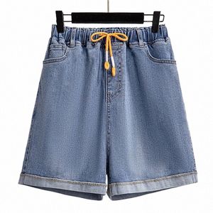 Plus -storlek manschetterade korta jeans stora mamma 7xl street enkel elastisk hög midja snörning shorts kvinnor drabbning extra stora byxor j8kk#