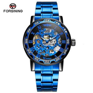 T-WINNER8012 Nuovo orologio da polso con cinturino in acciaio da uomo con movimento meccanico semiautomatico blu freddo