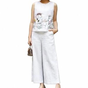 Vintage Women SleeVel Tops Wide Leg Pant Set Summer Matching Sets 2st Embroidery Floral Trousers Suits Tracksuit N4TP#