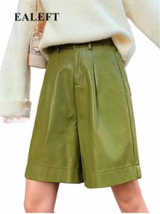 Realeft Autumn Winter Green Faux PU Leather Leathers Shortsハイウエストワイドレッグパンツビンテージズボン女性ポケット2023 New Y0HH＃