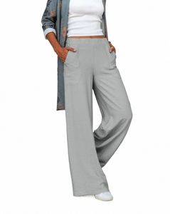Kobiety Fi elastyczna talia szeroka noga LG Spodnie Kieszenie swobodne stałe kolor luźne samice wszystkie zapałki Nowe s81s#