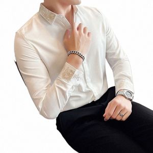 2023 Autumn New Solid LG Sleeve Dr Shirt Men Ubranie proste Fi Slim Fit Casual Formal Wear Bluzka Homme H41 P1YF#