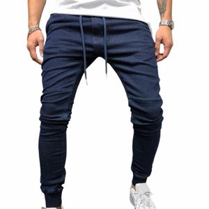 casual Men Jeans Drawstring Solid Color Denim Mid Waist Ankle Banded Pencil Trousers Plus Size Men Denim Pants pantales hombre 57AA#