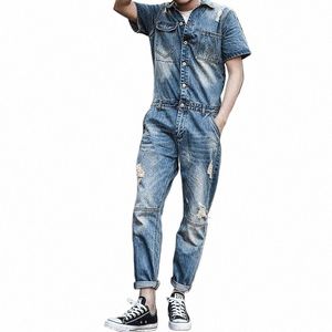 Japan Retro Mens Overalls Kort ärm en bit denim Pants Casual Wed Jeans Jumpsuits Butt Classic Hole Ripped Trousers Z1ZU#