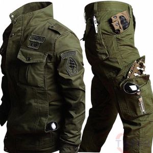 Set da lavoro tattico da uomo Cott Outdoor Suit Ricamo Cargo Flight Jacket e pantaloni Set Winter Fleece Airborne Army 6XL s8H1 #
