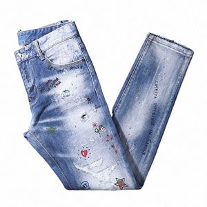 high Street Fi Men Jeans Retro Blue Elastic Slim Fit Ripped Jeans Men Beading Printed Designer Hip Hop Brand Pants Hombre Q5hA#